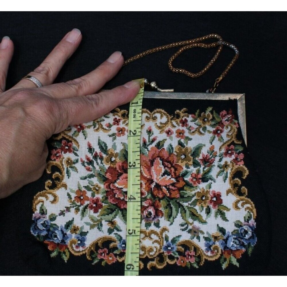 Vintage Floral Tapestry Handbag Goldtone Clasp Rope Chain Handle - Picture 8 of 9